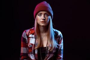 Charming casual girl, wearing in red and black plaid shirt hat on a background photo