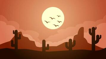 Desert landscape vector illustration. Scenery of rock desert with cactus and flock of birds in sunset. Wild west desert landscape for illustration, background or wallpaper