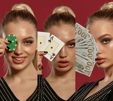 Collage of blonde girl in black dress. Smiling, showing some cash, two aces and green chips. Posing on colorful backgrounds. Poker, casino. Close-up photo