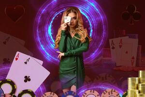 Blonde girl in green dress has covered her eye by two aces, posing on colorful background with neon circles, cards, chips. Poker, casino. Close-up photo