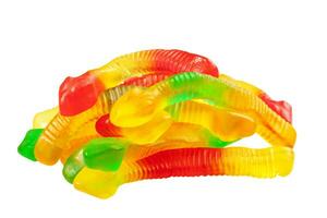 Pile of colorful jelly worms isolated on white background photo