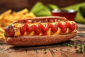 Hot dog in whole grain hoagie roll with sausage, cheese, tomato sauce photo