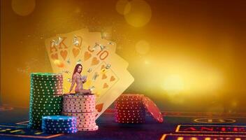 Woman in golden dress is holding some cash, sitting on stack of chips. Playing table against colorful background with cards, backlight. Poker, casino photo
