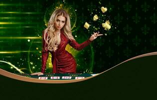 Blonde woman in red dress is showing golden flying suits of cards, leaning on playing table, posing on colorful background. Copy space. Poker, casino photo