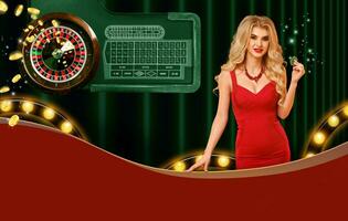 Model in red dress showing green chips, smiling. Posing on colorful background with roulette, flying coins, lights. Copy space. Poker, casino photo