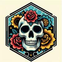 AI generated illustration of skull and flower. vintage style. photo