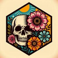 AI generated illustration of skull and flower. vintage style. photo