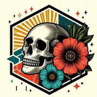 AI generated illustration of skull and flower. vintage style. photo