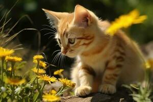 ai generado gato en naturaleza en verano bosque antecedentes. de cerca animal retrato. ai generado foto