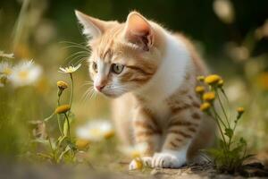 ai generado gato en naturaleza en verano bosque antecedentes. de cerca animal retrato. ai generado foto