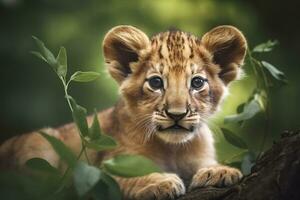 ai generado león cachorro en naturaleza en verano bosque antecedentes. de cerca animal retrato. ai generado foto