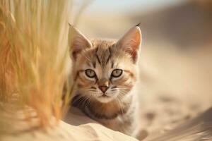 AI generated Kitty in nature on summer dune background. Closeup animal portrait. Ai generated photo