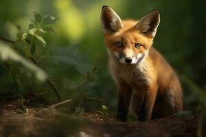 ai generado zorro cachorro en naturaleza en verano bosque antecedentes. de cerca animal retrato. ai generado foto