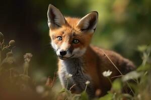 ai generado zorro cachorro en naturaleza en verano bosque antecedentes. de cerca animal retrato. ai generado foto