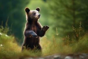 ai generado oso cachorro en naturaleza en verano bosque antecedentes. ai generado foto