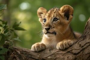 AI generated Lion cub in nature on summer forest background. Closeup animal portrait. Ai generated photo