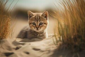 ai generado gatito en naturaleza en verano duna antecedentes. de cerca animal retrato. ai generado foto