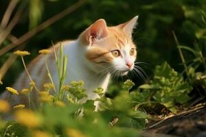 AI generated Kitty in nature on summer forest background. Closeup animal portrait. Ai generated photo