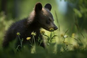 ai generado oso cachorro en naturaleza en verano bosque antecedentes. de cerca animal retrato. ai generado foto