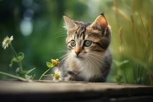 AI generated Kitty in nature on summer forest background. Closeup animal portrait. Ai generated photo