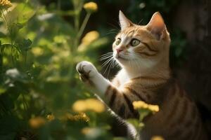 ai generado gatito en naturaleza en verano bosque antecedentes. de cerca animal retrato. ai generado foto