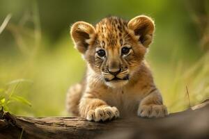 AI generated Lion cub in nature on summer forest background. Closeup animal portrait. Ai generated photo