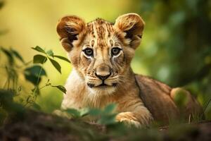 ai generado león cachorro en naturaleza en verano bosque antecedentes. de cerca animal retrato. ai generado foto