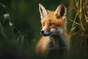 AI generated Fox cub in nature on summer forest background. Closeup animal portrait. Ai generated photo