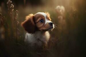 AI generated Puppy in nature on autumn forest background. Closeup animal portrait. Ai generated photo