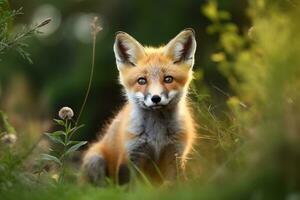 ai generado zorro cachorro en naturaleza en verano bosque antecedentes. de cerca animal retrato. ai generado foto