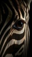 AI generated Closeup zebra eye, portrait of animal on dark background. Ai generated photo