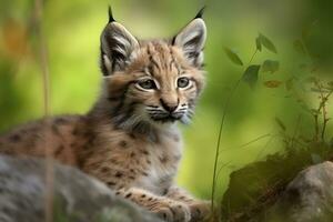 AI generated Lynx cub in nature on summer forest background. Closeup animal portrait. Ai generated photo