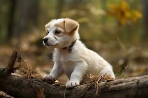 AI generated Puppy in nature on autumn forest background. Closeup animal portrait. Ai generated photo