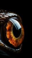 AI generated Closeup frog eye, portrait of animal on dark background. Ai generated photo