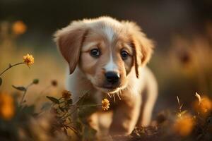 AI generated Puppy in nature on autumn forest background. Closeup animal portrait. Ai generated photo