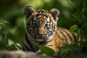 ai generado Tigre cachorro en naturaleza en verano bosque antecedentes. de cerca animal retrato. ai generado foto