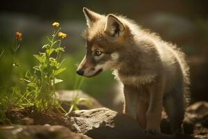 ai generado lobo cachorro en naturaleza en verano bosque antecedentes. de cerca animal retrato. ai generado foto