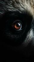 AI generated Closeup panda eye, portrait of animal on dark background. Ai generated photo