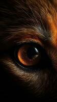 AI generated Closeup fox eye, portrait of animal on dark background. Ai generated photo