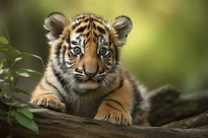 AI generated Tiger cub in nature on summer forest background. Closeup animal portrait. Ai generated photo