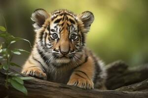 AI generated Tiger cub in nature on summer forest background. Closeup animal portrait. Ai generated photo