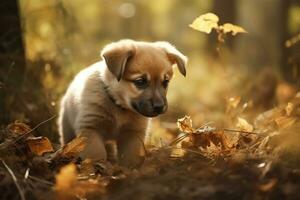 ai generado perrito en naturaleza en otoño bosque antecedentes. de cerca animal retrato. ai generado foto