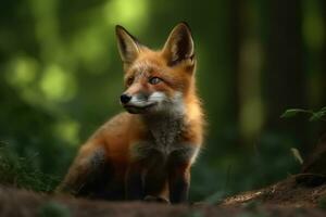 AI generated Fox cub in nature on summer forest background. Ai generated photo