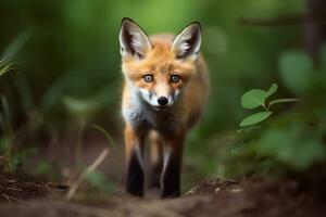 AI generated Fox cub in nature on summer forest background. Ai generated photo