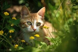 AI generated Kitty in nature on summer forest background. Closeup animal portrait. Ai generated photo