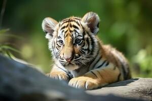 AI generated Tiger cub in nature on summer forest background. Closeup animal portrait. Ai generated photo