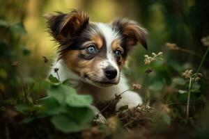 AI generated Puppy in nature on summer forest background. Closeup animal portrait. Ai generated photo