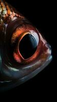 ai generado de cerca pescado ojo, retrato de animal en oscuro antecedentes. ai generado foto