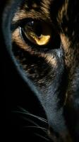 AI generated Closeup panther eye, portrait of animal on dark background. Ai generated photo