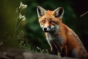 ai generado zorro cachorro en naturaleza en verano bosque antecedentes. de cerca animal retrato. ai generado foto